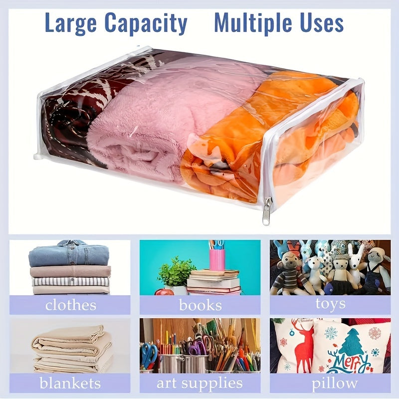 Transparent zippered storage bags with a 6-pack set. These foldable plastic bags are great for organizing sweaters, blankets, towels, and other household items. Perfect for storing beddings, pillows, quilts, and clothes.