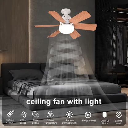 Wood Grain LED Ceiling Fan Light with Remote Control, 5 wooden blades, suitable for multiple rooms, cool & warm light modes, easy installation.