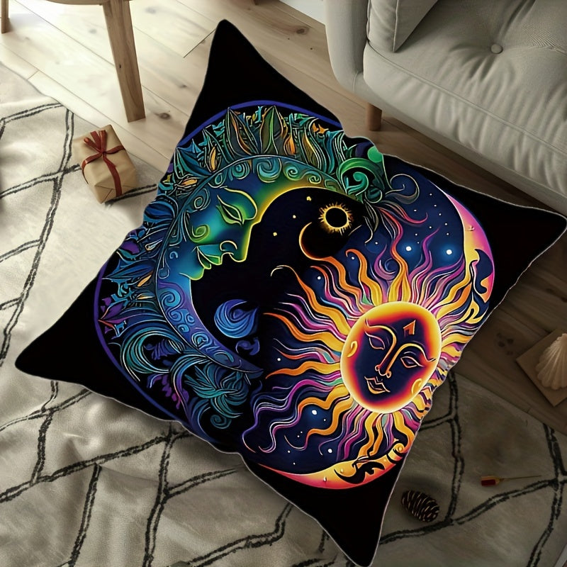 Sun and Moon throw pillow cover - 44.96x44.96 cm, cosmic art design, zippered polyester square case, contemporary style, machine washable, no insert