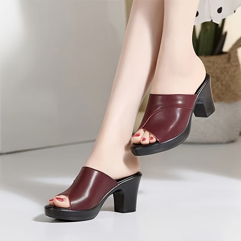 Stylish black peep-toe sandals from the Chic Summer 2024 Collection feature a comfortable slip-on design with thick sole and block heel, soft faux cover, and non-slip high heel slides for