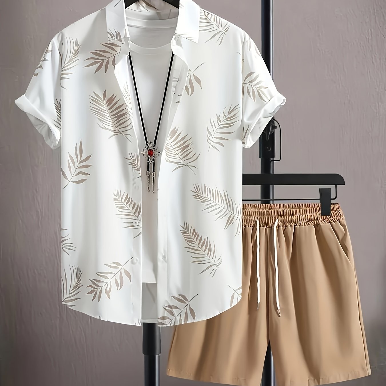 Men's leaf print button up shirt and drawstring shorts - casual summer outfit