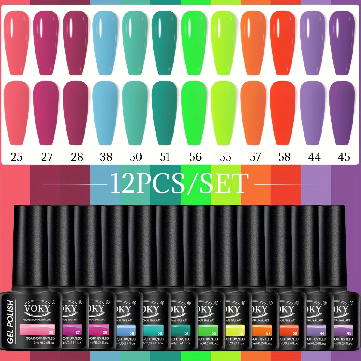 12-bottle gel polish set for fall/winter with long-lasting, semi-permanent colors and glitter. Alcohol-free formula that is low in allergy and formaldehyde-free.