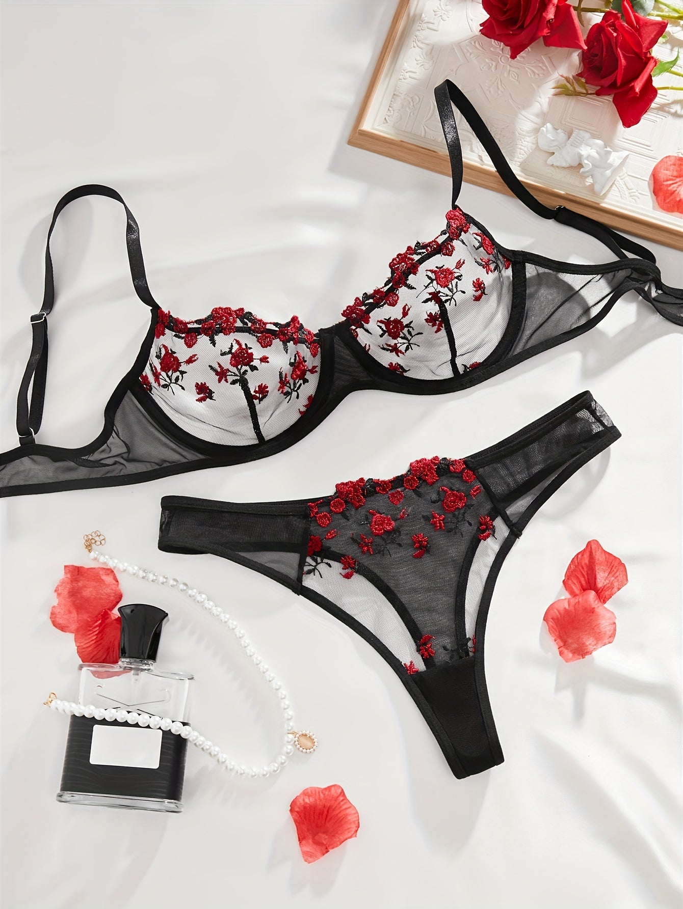 Flower lingerie set with semi-sheer mesh bra and matching cheeky panty for women's sexy underwear.