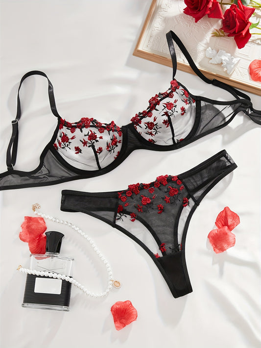 Flower lingerie set with semi-sheer mesh bra and matching cheeky panty for women's sexy underwear.