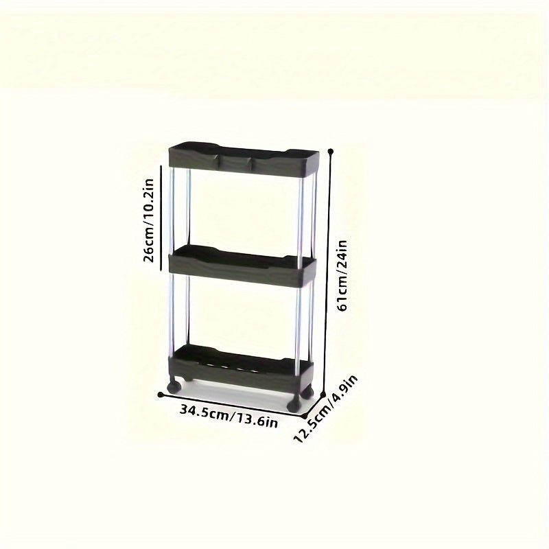 Compact Rolling Storage Cart with 3 Tiers, made of Matte Stainless Steel and Plastic Materials. This versatile organizer is perfect for organizing your kitchen and bathroom essentials. With a capacity of under 3.2 cubic feet, this cart is ideal for