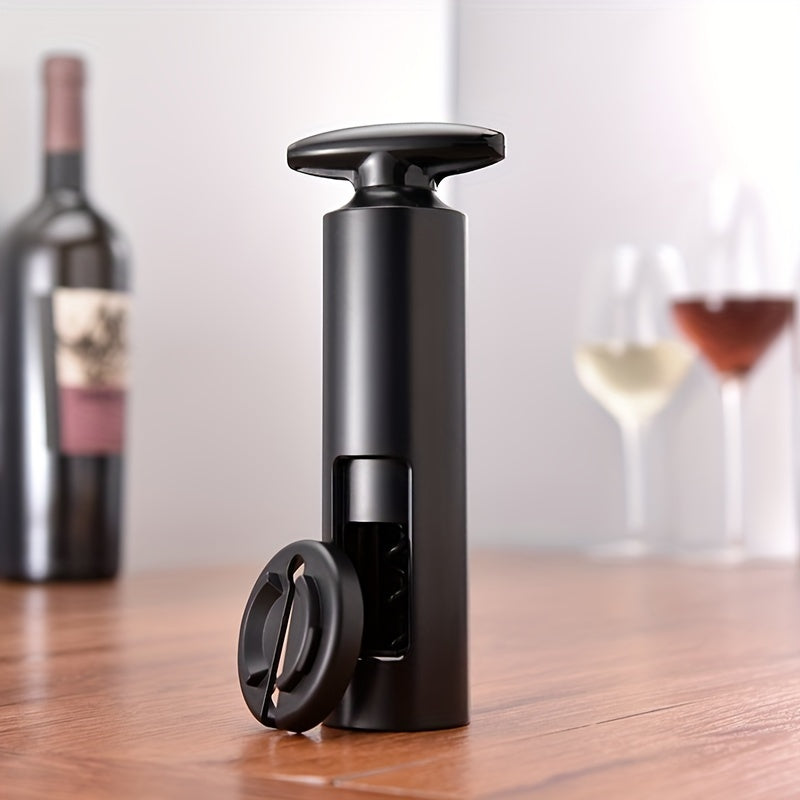 Effortless T-shaped manual wine bottle opener with plastic corkscrew, ideal for home and bar use.