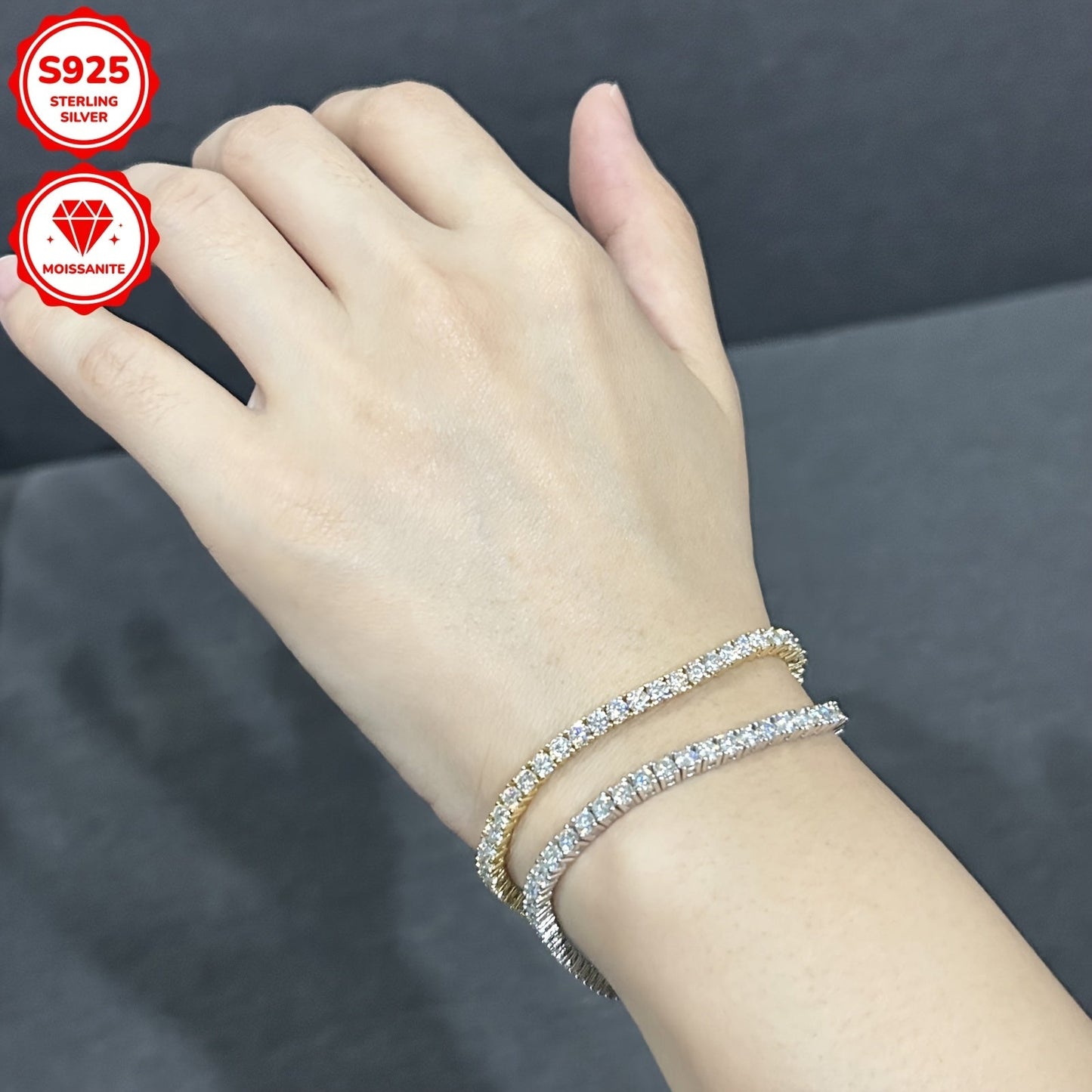 Beautiful 925 Sterling Silver Moissanite Tennis Bracelet with Gold Plating, Featuring 3mm Synthetic Stones totaling 5.4ct. Perfect for April Birthdays, Available in 17cm or 18cm. Ideal for Weddings, Vacations, and as a Thoughtful Christmas Present.