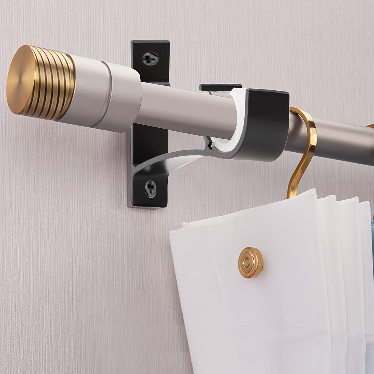 Two pieces of Metal Top Curtain Rod Thickening Brackets, perfect for mounting your Shower Curtain Rod or any other curtain. Includes 4 screws and plastic expansion tube for easy installation. Ideal for holding your curtain accessories and enhancing your