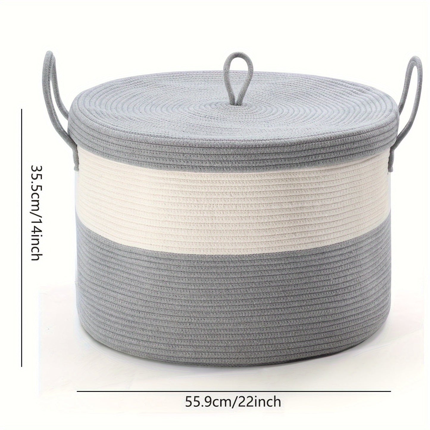 Extra large gift basket for kids with lid, measuring 55.12cm x 55.12cm x 35.05cm. Made of rope woven material, perfect for storing blankets, toys, laundry, and more. Ideal as a keepsake, Thanksgiving, or Christmas present in a stylish gray and white