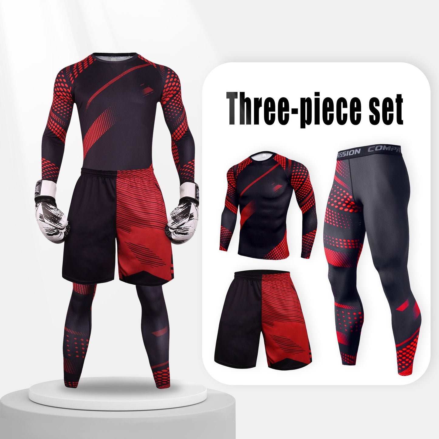 3-piece men's athletic body shaper set in breathable polyester and spandex, featuring long sleeve, round neck, and knitted casual style with random print design.