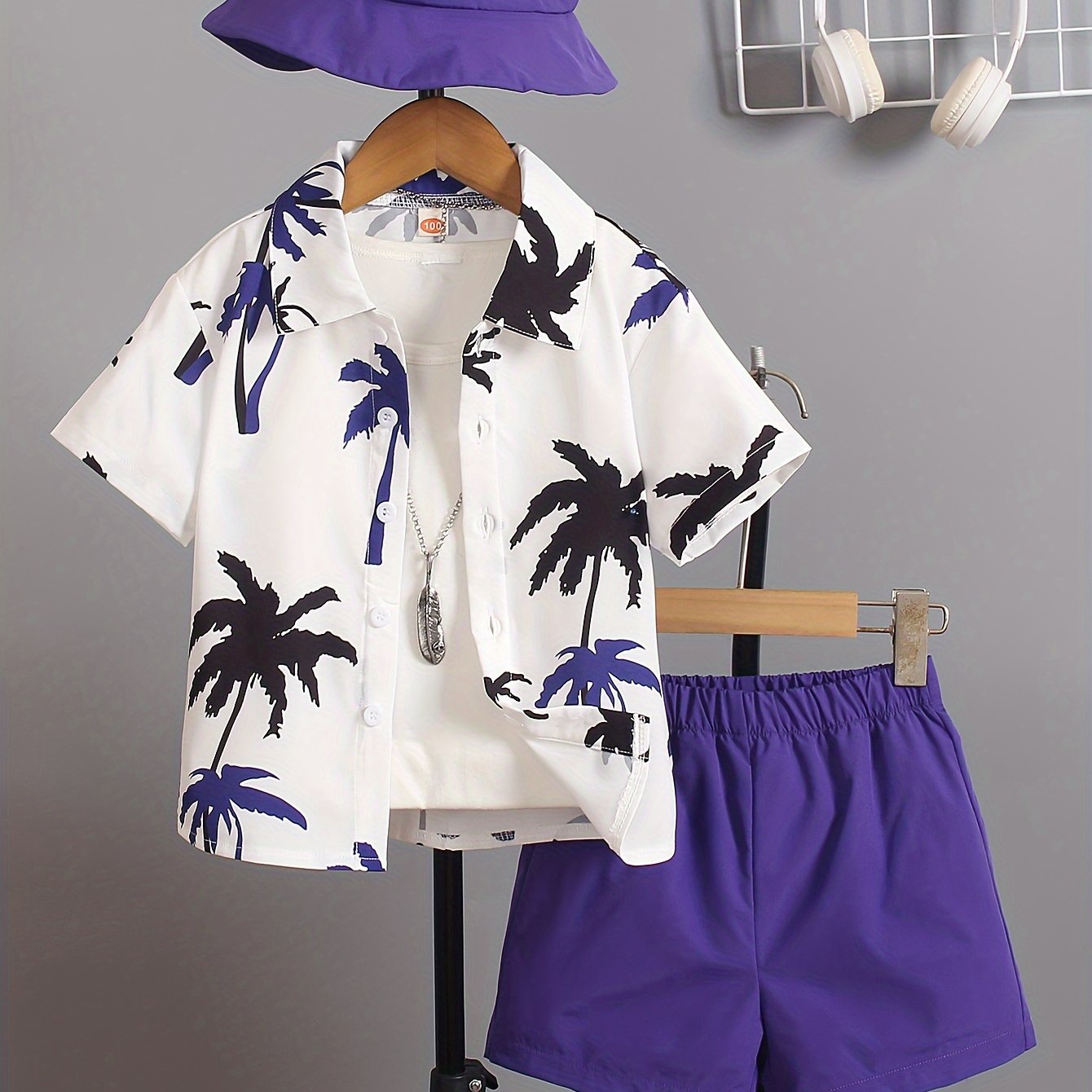 Boys' summer set with coconut tree design shirt, shorts, and hat for daily and outdoor wear