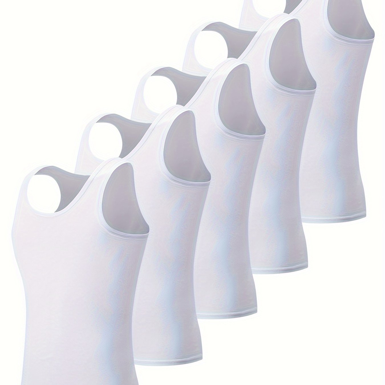 5 Men's White Tank Tops made of comfortable cotton, suitable for athletic and casual wear.