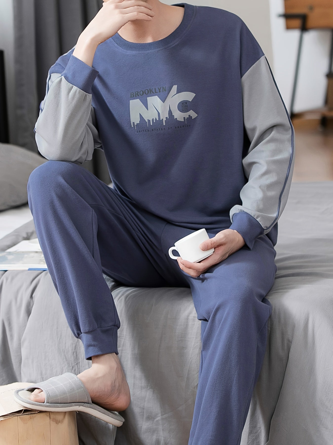 Men's casual color block pajama set with letter graphic print, long sleeve crew neck top and loose pants. Perfect for spring and autumn outdoor wear.