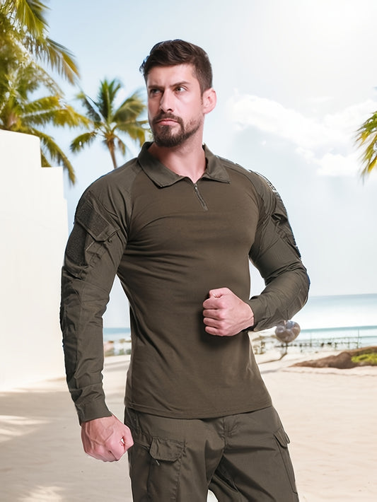 ESDY Men's Camouflage Long Sleeve T-Shirt, Polyester 80%, Cotton 20%, Stand Collar, Pocket Detail, Regular Fit for Various Outdoor Activities - Spring/Fall Gear