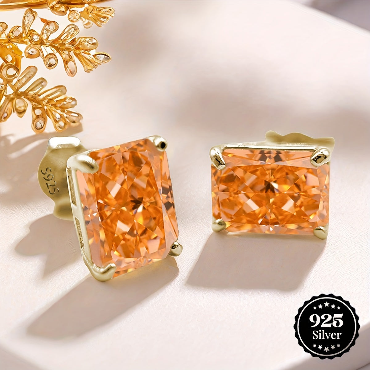 Stunning Ice-Cut Morganite Orange Rectangular 8*10mm S925 Silver Stud Earrings with Simplistic Four-Claw Setting, featuring Synthetic Zircon stones. This custom jewelry piece exudes classic style, making it a chic wedding accessory or the perfect