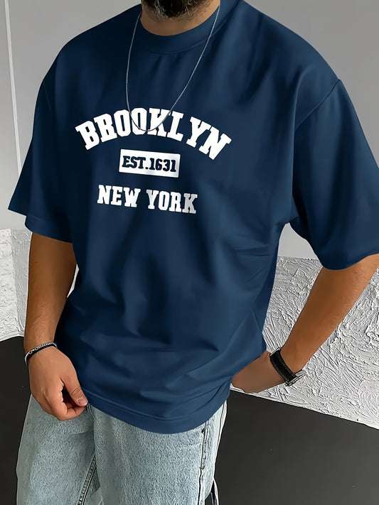 Erkaklar uchun katta o'lchamdagi T-ko'ylak, Brooklyn ilhomlangan print, polyester aralashmasi, nafas oladigan, tasodifiy va sport uslubida.