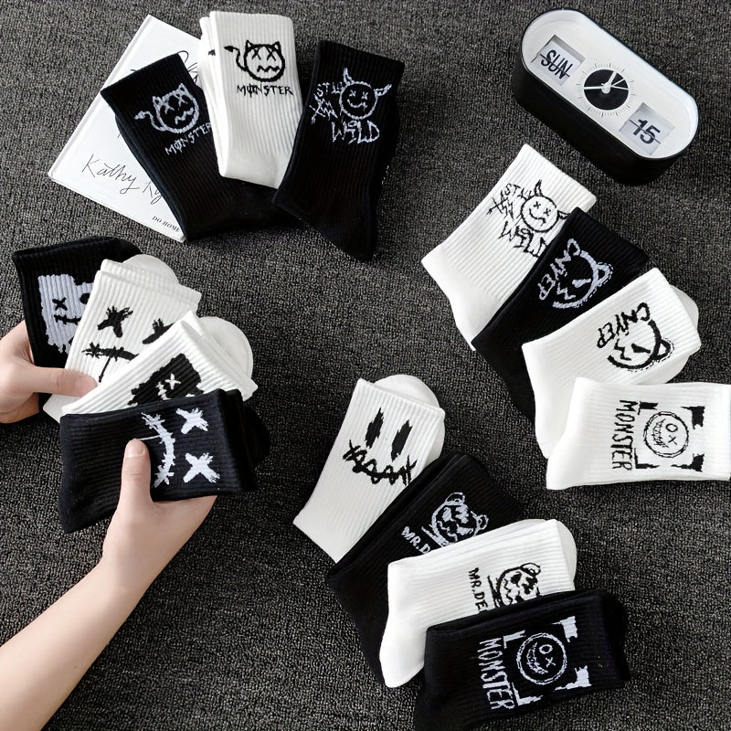 Men's trendy graffiti crew socks, 3/5/8/10 pairs, breathable and comfy for outdoor wear