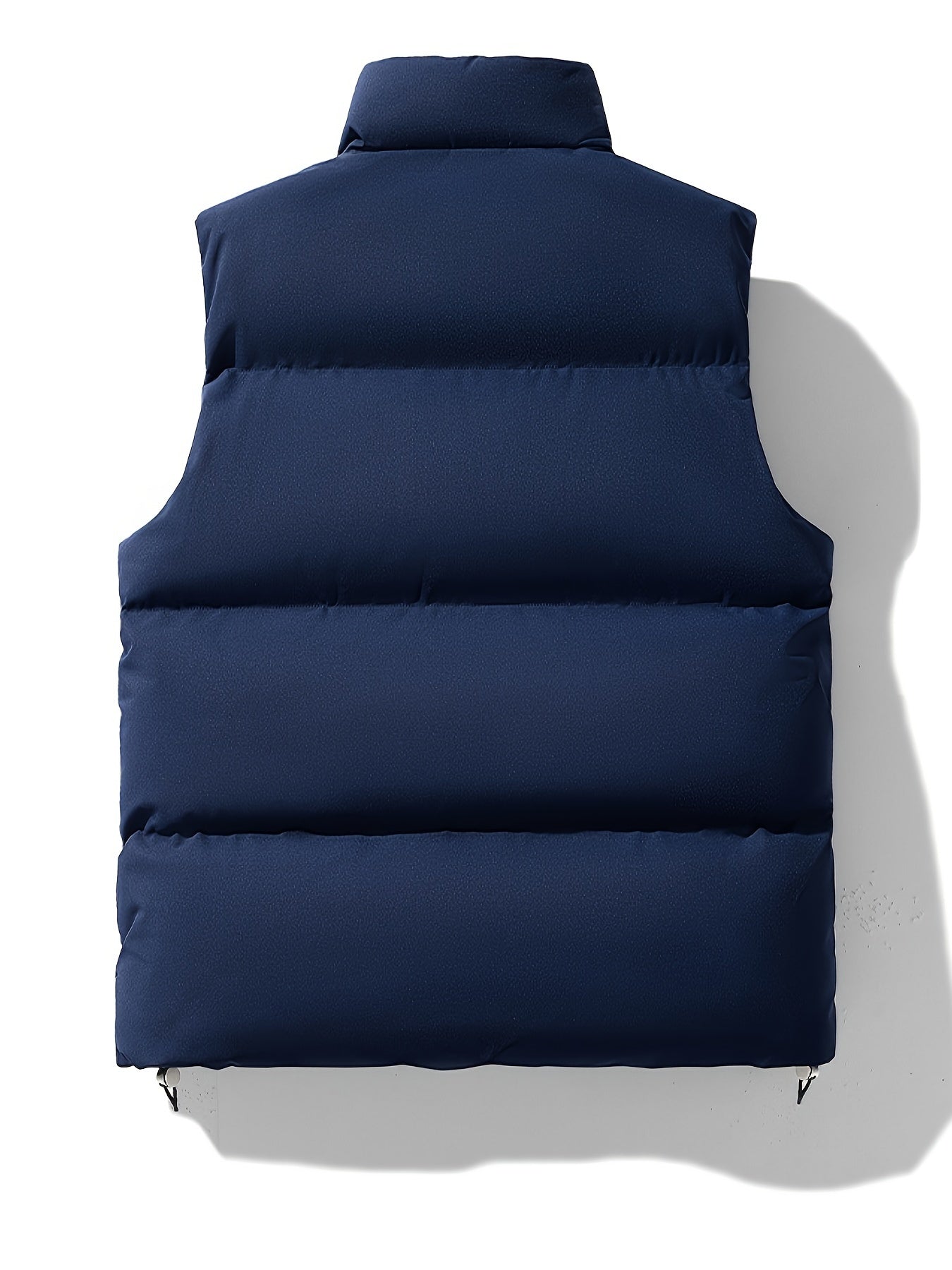 Men's polyester vest with stand collar, full-length zip, solid color, and regular fit for autumn/winter.