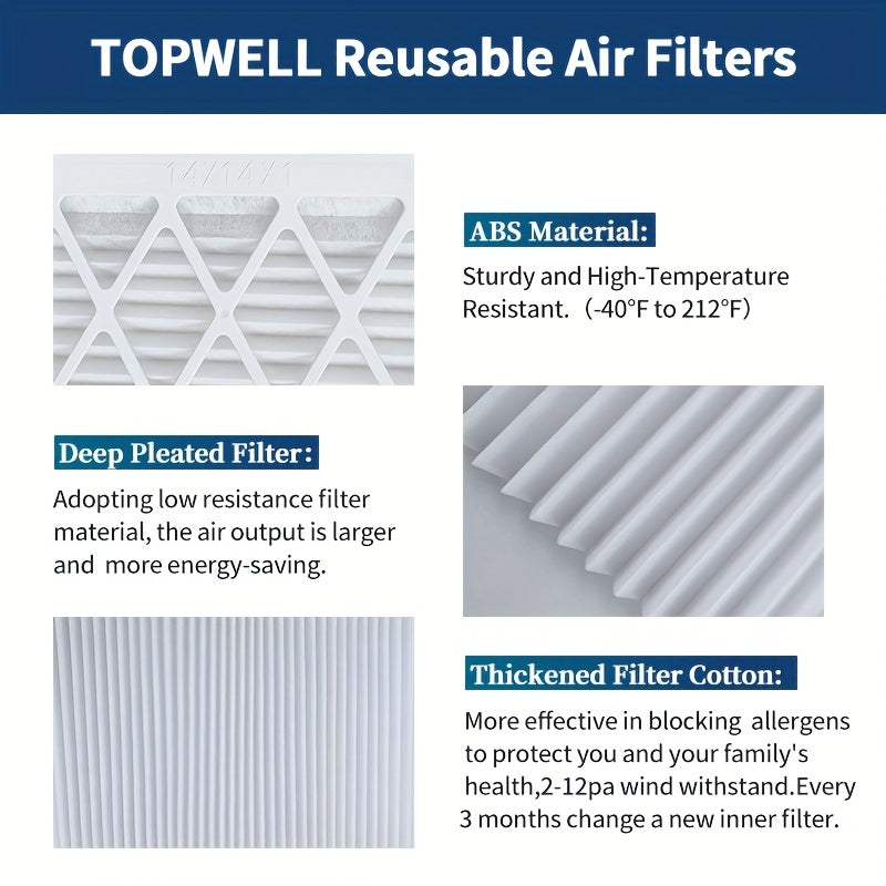 TOPWELL MERV 13 Air Filter with Plastic Frame, 35.56x35.56x2.54 cm - Pack of 9 Filters, includes 9 Filter Replacements, Reusable AC/HVAC Furnace Filters, MPR 1800