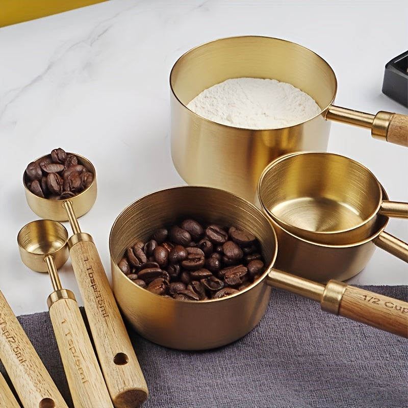 8 piece stainless steel measuring cups and spoons set with durable acacia wood handles, including spice and coffee scoops, nesting design for easy storage.