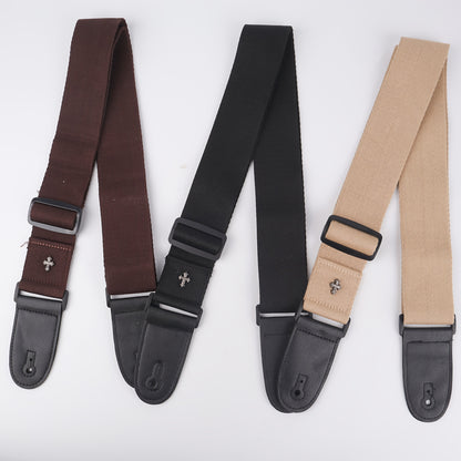 Embroidered Cross Guitar Strap - Adjustable shoulder strap for electric, bass, & ukulele - Available in black, coffee, khaki.