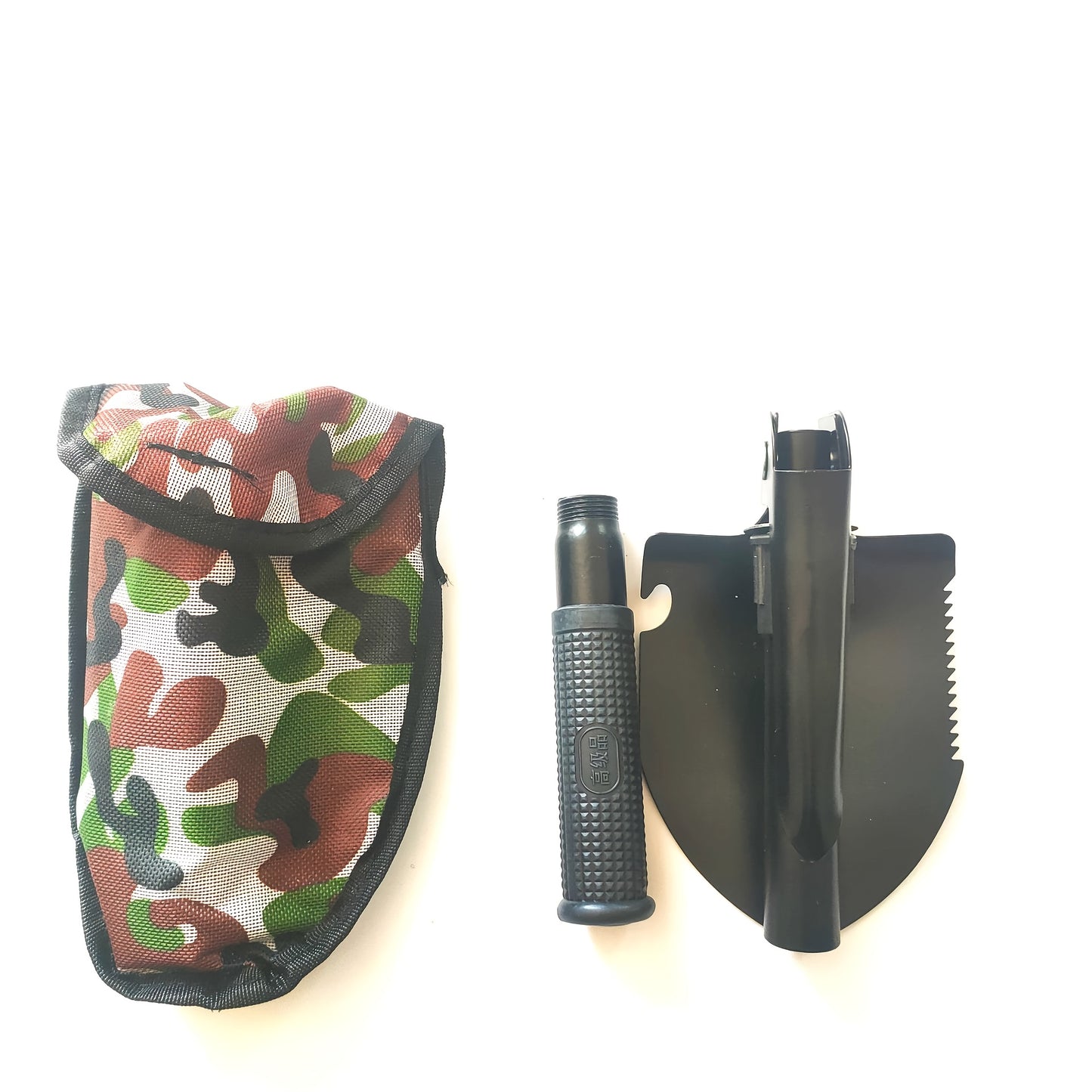 Multi-functional folding tool made of manganese steel for outdoor camping and fishing. Can also be used for vehicles.