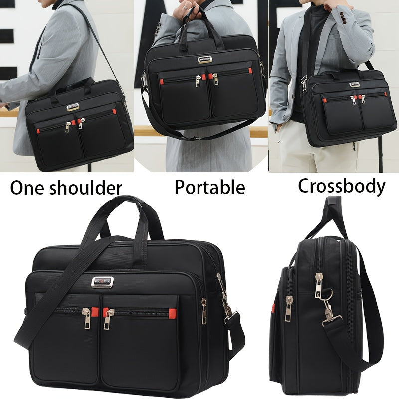 Men's multi-functional business briefcase with casual satchel & crossbody options, large capacity, durable fabric material with polyester lining, multiple pockets for business & casual use