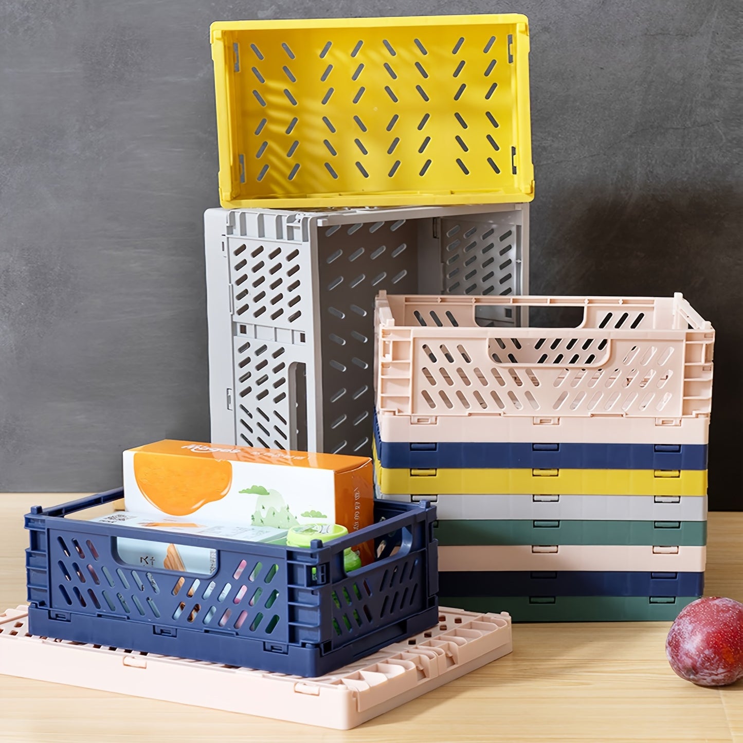 2-Pack Plastic Folding Storage Baskets with Handles, Stackable Organizers for Home - Mixed Color