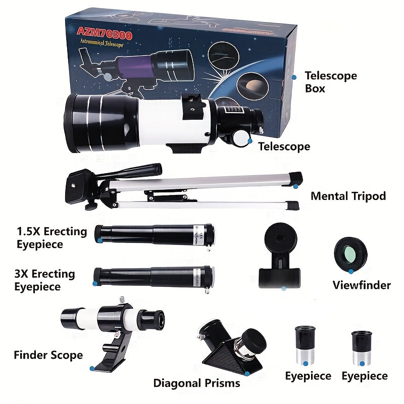 SUNCORE 70mm Aperture Astronomical Refractor Telescope for Adults with 300mm Portable Tripod, Phone Adapter & Accessories.