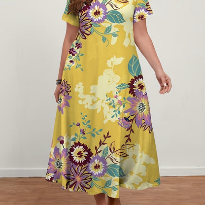 Floral print plus size dress for spring and summer, casual V neck style.