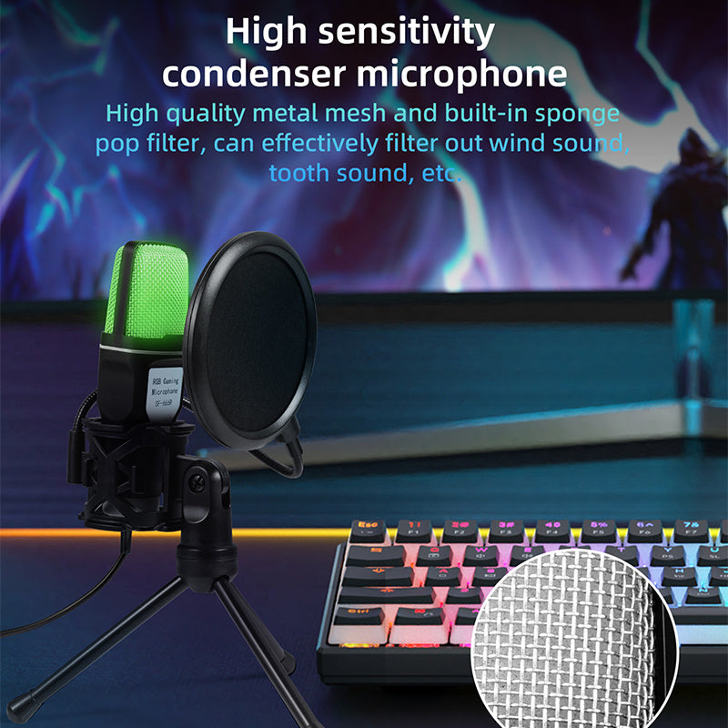 USB condenser microphone with fast mute function, tripod, RGB indicator light, shock absorber, and rotary gain button, ideal for gaming, podcasting, and streaming on PS4/5 or PC.