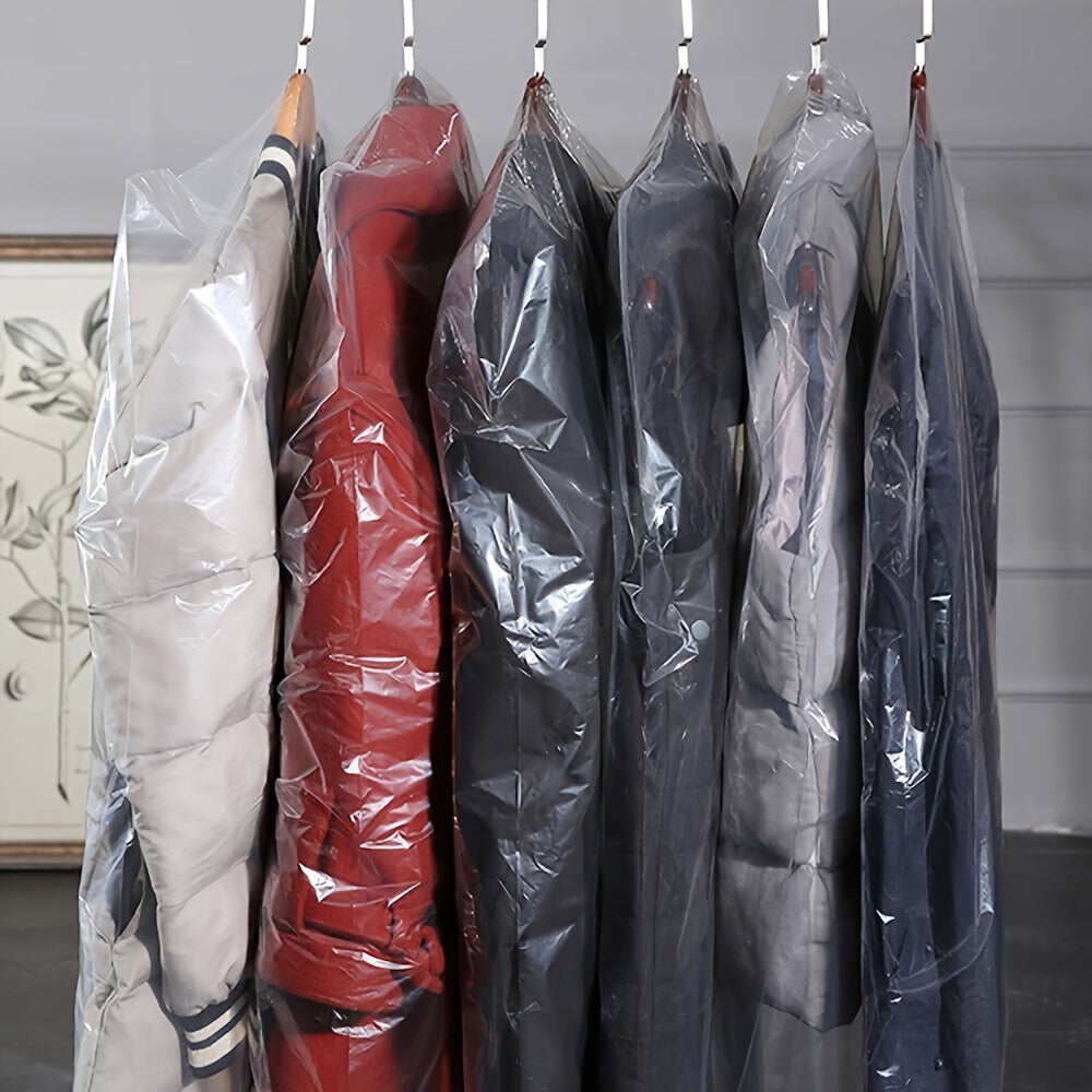 50 clear plastic garment bags for hanging storage, ideal for keeping your clothing dust-free and organized in the bedroom or home. Perfect for essential storage needs.