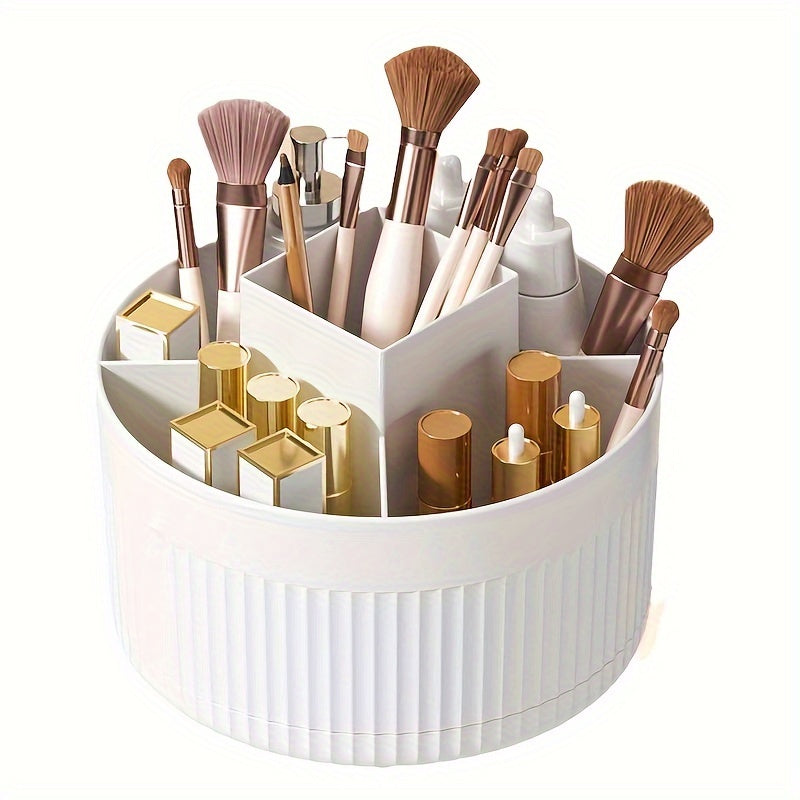 Rotating makeup organizer holds brushes and skincare, hand washable, white