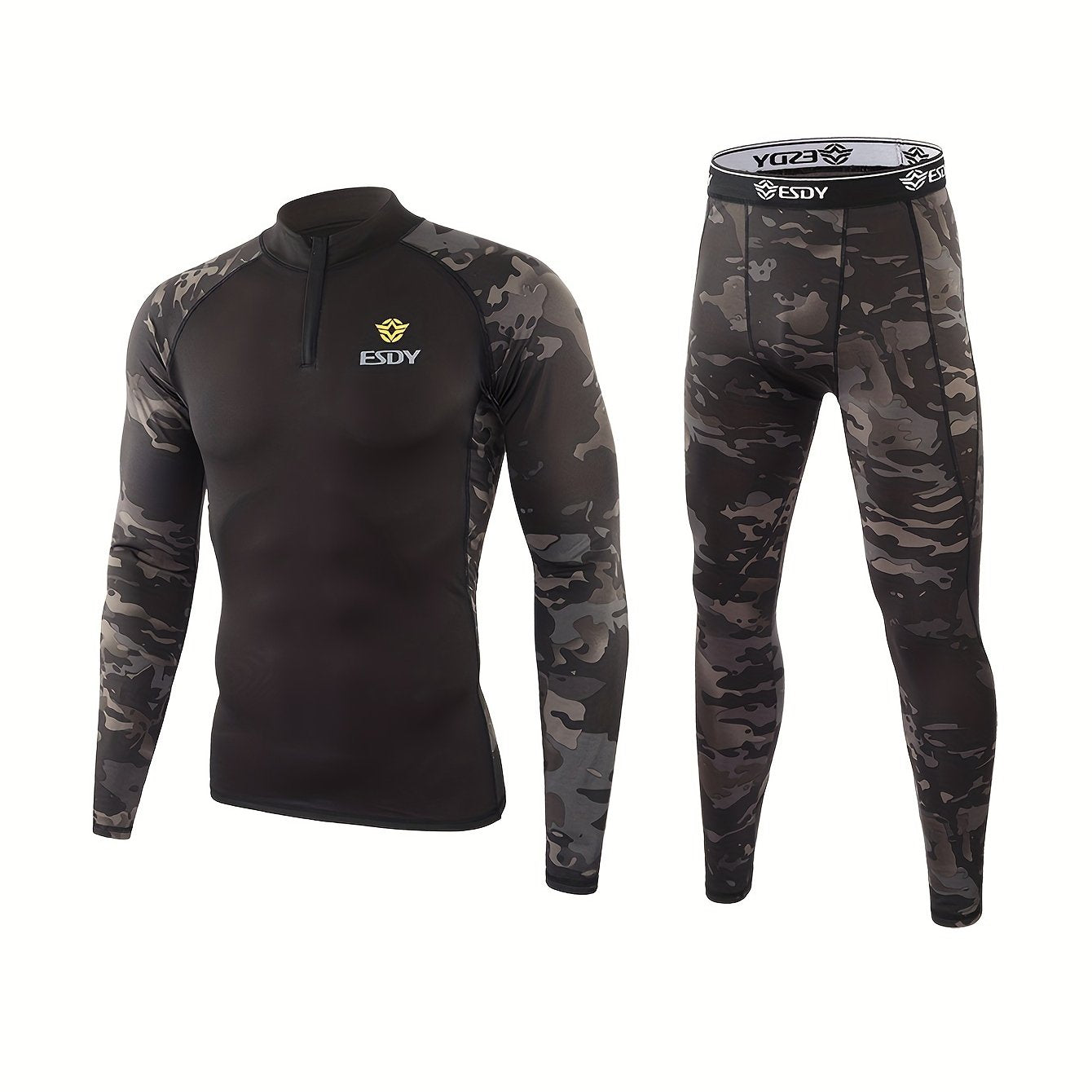 ESDY Men's Combat Shirt and Camo Leggings Set made of high-stretch knit fabric with zipper detail. Slim fit, long sleeve, made of 90% polyester and 10% spandex. Ideal for hiking and outdoor