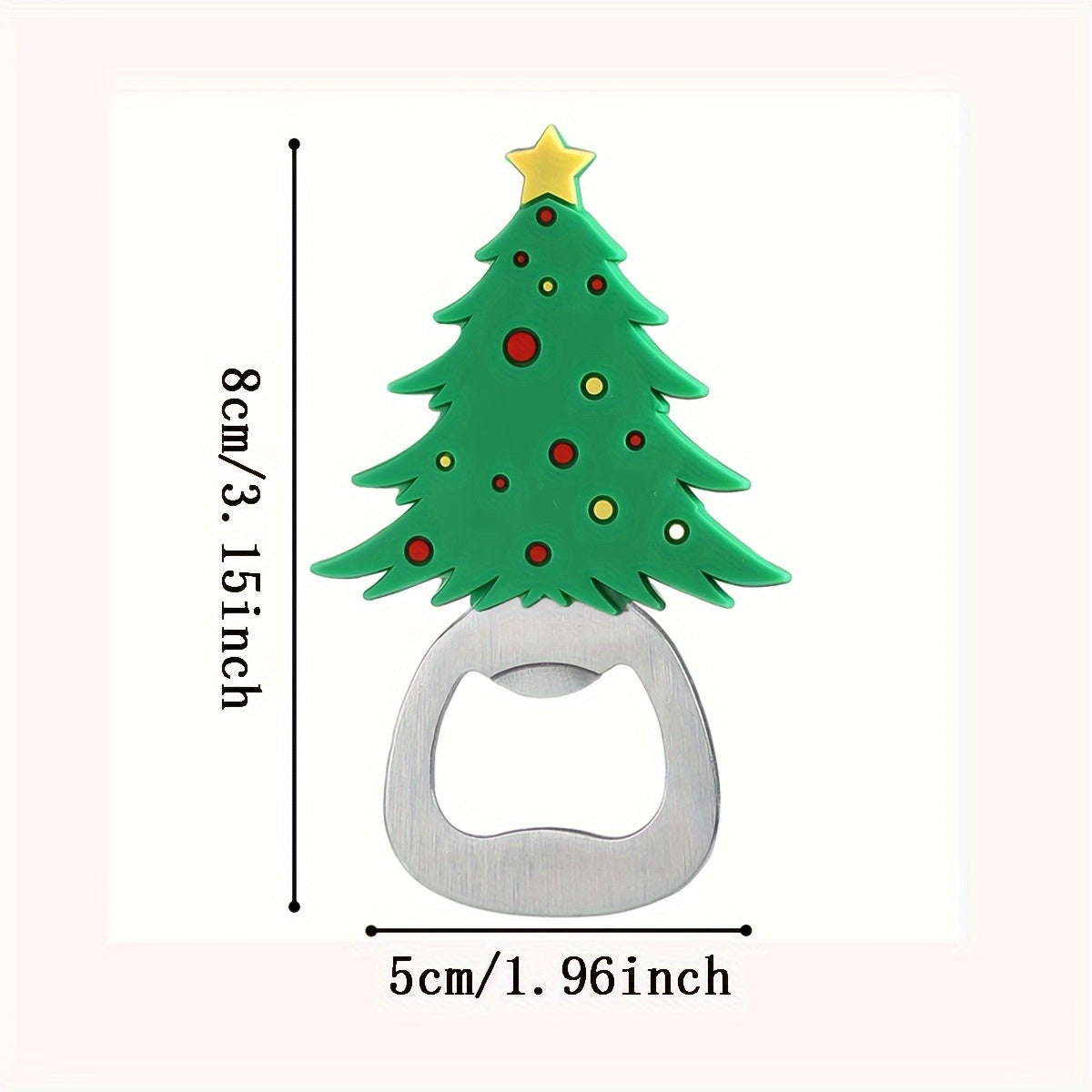 Christmas tree magnetic bottle opener with cute cartoon design, stainless steel for opening beer and soda caps, doubles as a fridge magnet for holiday kitchen decor.