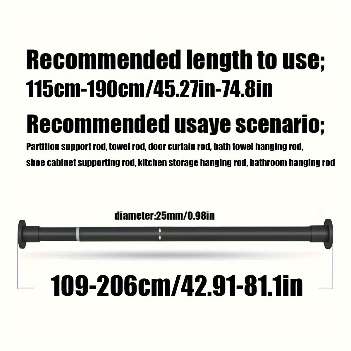 Telescopic rod with built-in spring provides strong gravity support for various uses such as shower curtains, drying racks, window treatments, Roman rods, and wardrobe support.