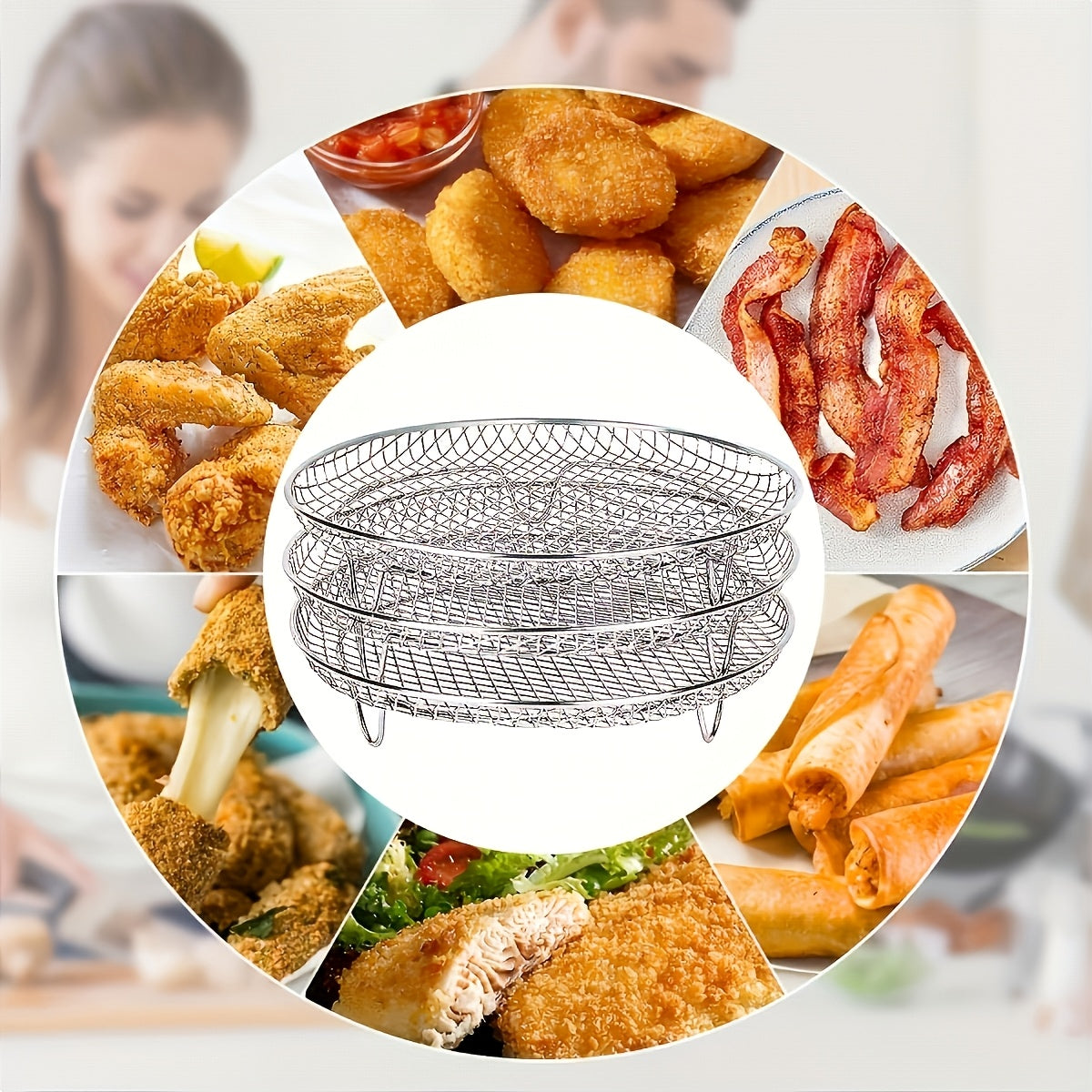 Get three stackable dehydrator racks for your air fryer, along with air fryer basket trays that are dishwasher safe. These air fryer accessories are compatible with ovens, pressure cookers, and most air fryers.