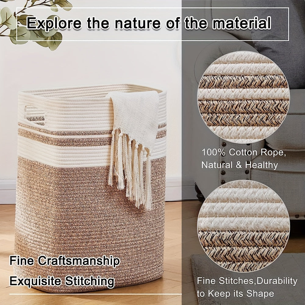 This large cotton rope laundry basket with handles is perfect for storing clothes and blankets in style. It's ideal for organizing your living room or bedroom and is suitable for ages 14 and up. Made of durable cotton material, this decorative woven