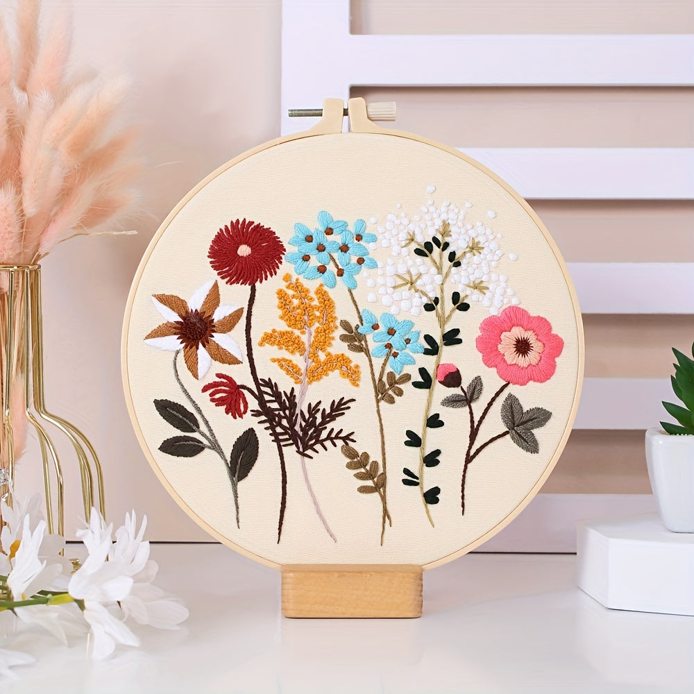 4-piece embroidery kit with floral pattern, hoops, floss threads, and needles, along with a 3-pack cross stitch kit for beginners.