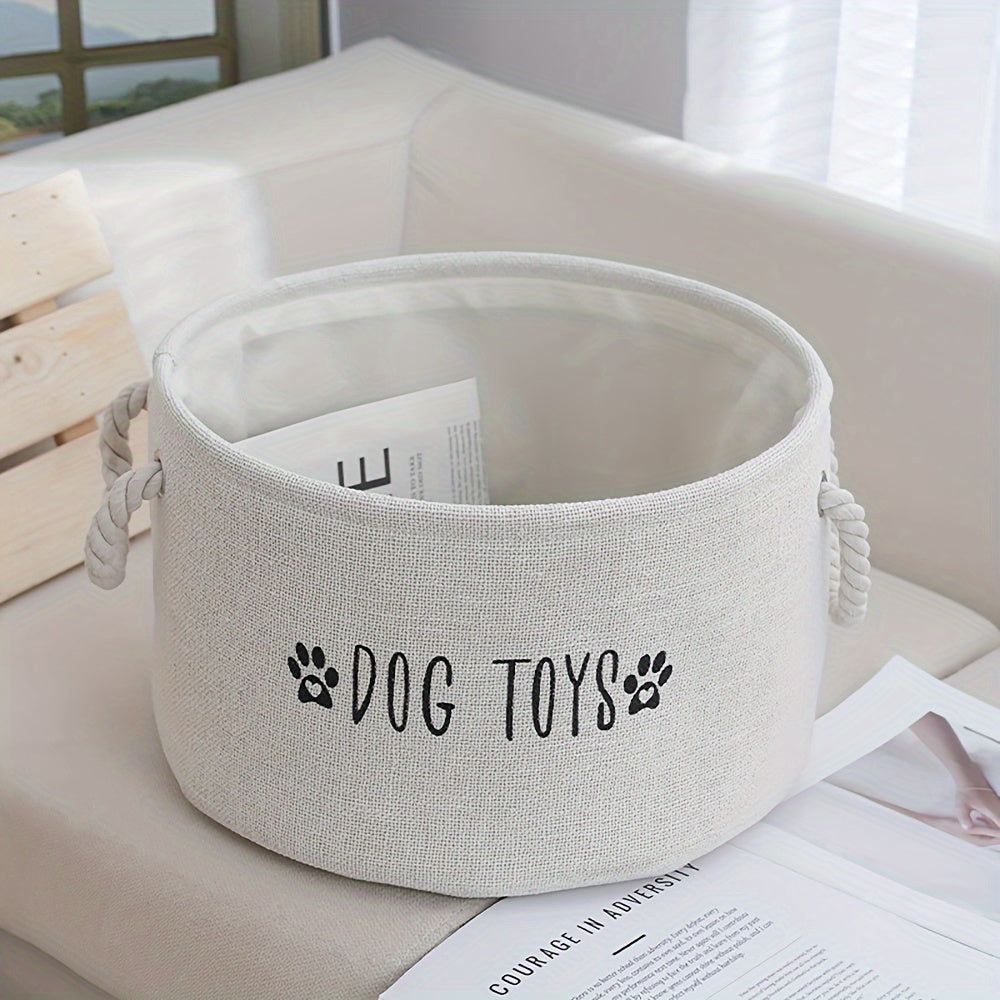 Canvas basket for storing dog toys.