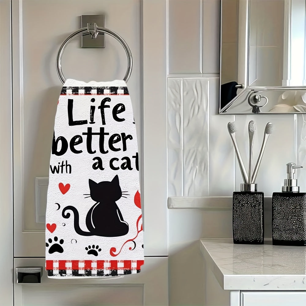 Get 2pcs of Ultra Soft Kitchen Towels featuring "Life is Better with a Cat" Text & Adorable Kitten Illustration - These Highly Absorbent Dish Hand Towels are Machine Washable and designed in a Contemporary Style, measuring 40.64x60.96 cm. Perfect for Cat