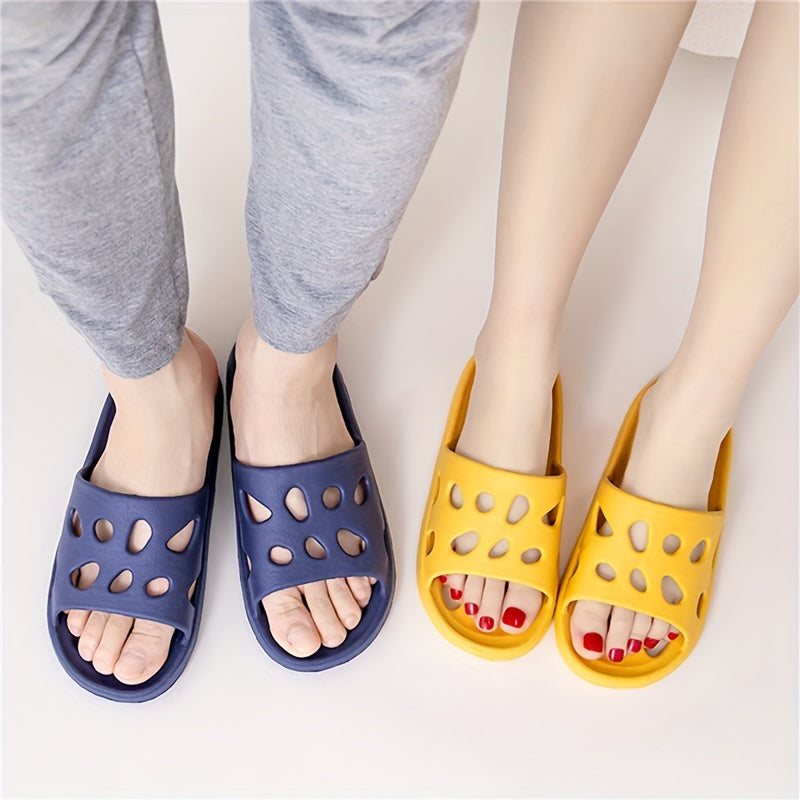 1 Pair of EVA Slippers with Solid Color Hollow-Out Design, Non-Slip Sole, Drainage Holes, and Soft Shower Slides.