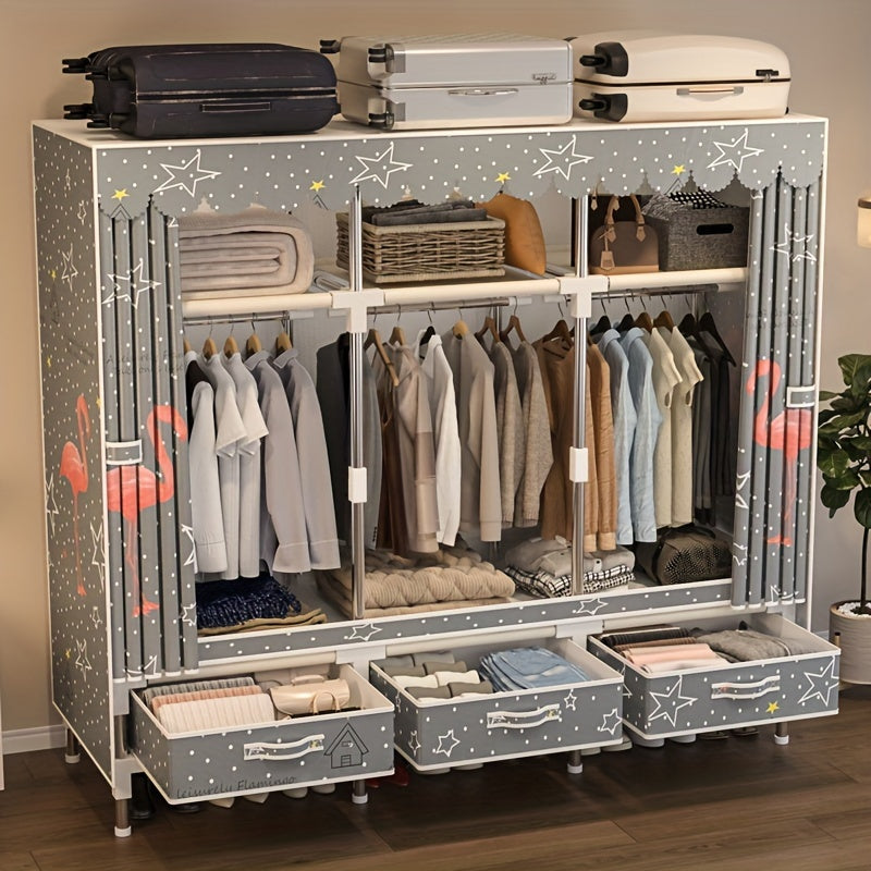 This modern minimalist Christmas style wardrobe features a simple all-steel frame with steel pipe reinforcement, making it sturdy and durable. It includes 6 storage shelves, 3 hanging hangers, and 3 drawers for organizing clothes. The design features a