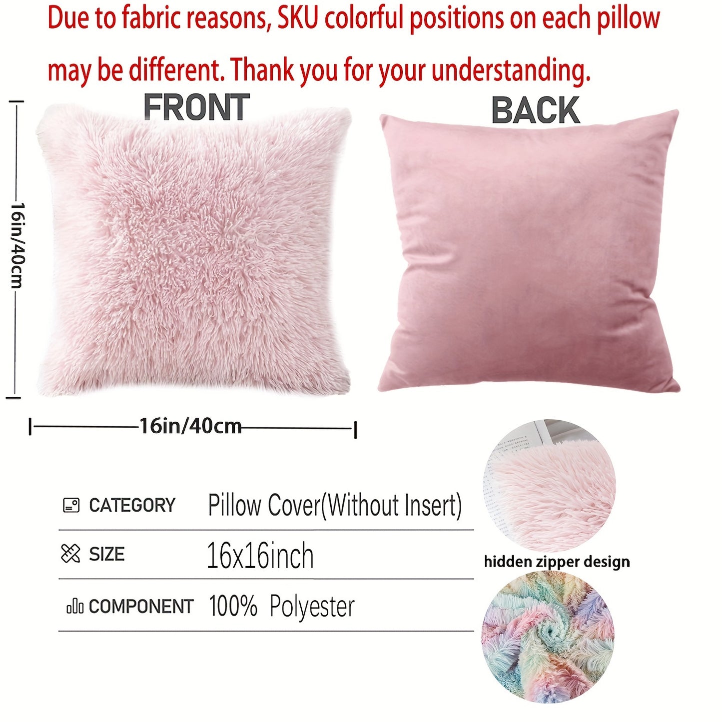 Luxurious 40.64x40.64 cm Fluffy Throw Pillow Cover with Zip Closure - Soft, Fuzzy Square Case for Sofa & Bedroom Decor, Hand Wash Only, Modern Home Decor. Pillow insert not included.