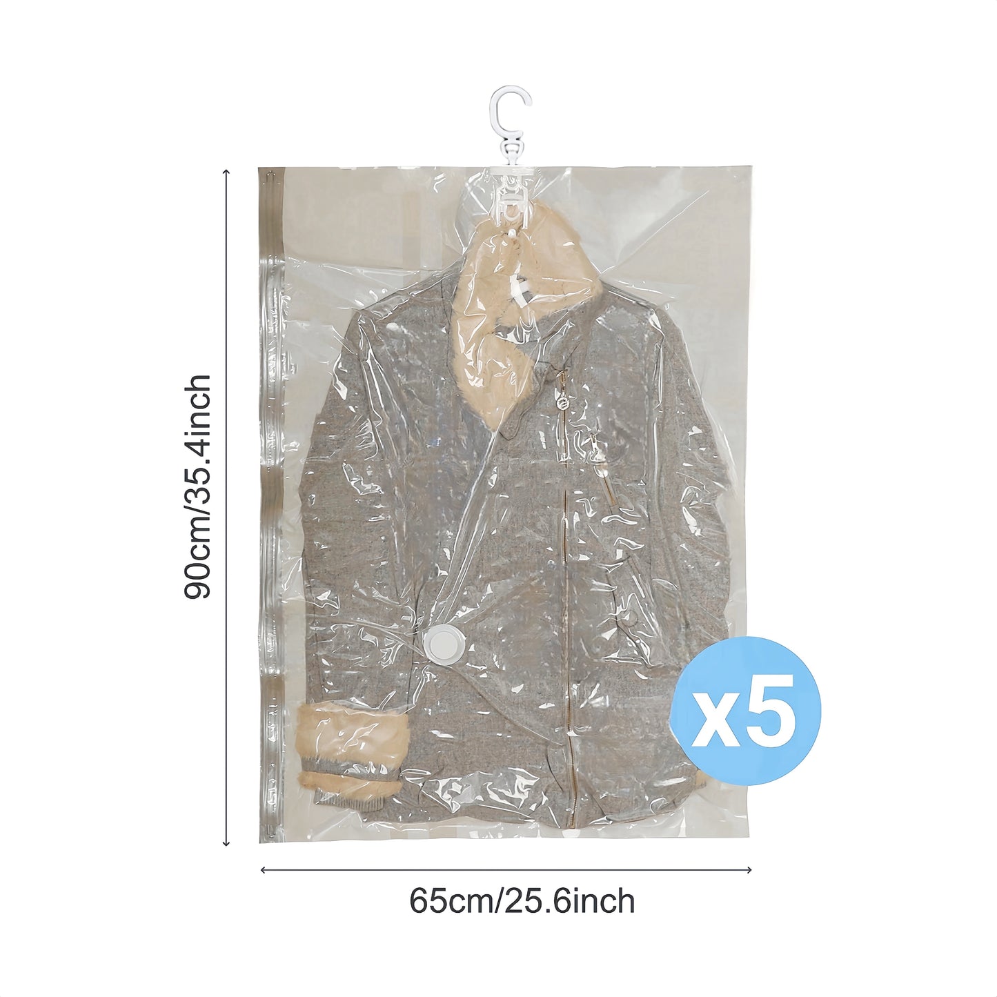 Save space in your wardrobe with this 5-Pack of Hanging Vacuum Storage Bags. These multipurpose rectangle plastic garment bags feature zipper closure and are perfect for storing winter coats, suits, jackets, and down jackets. Keep your clothes organized