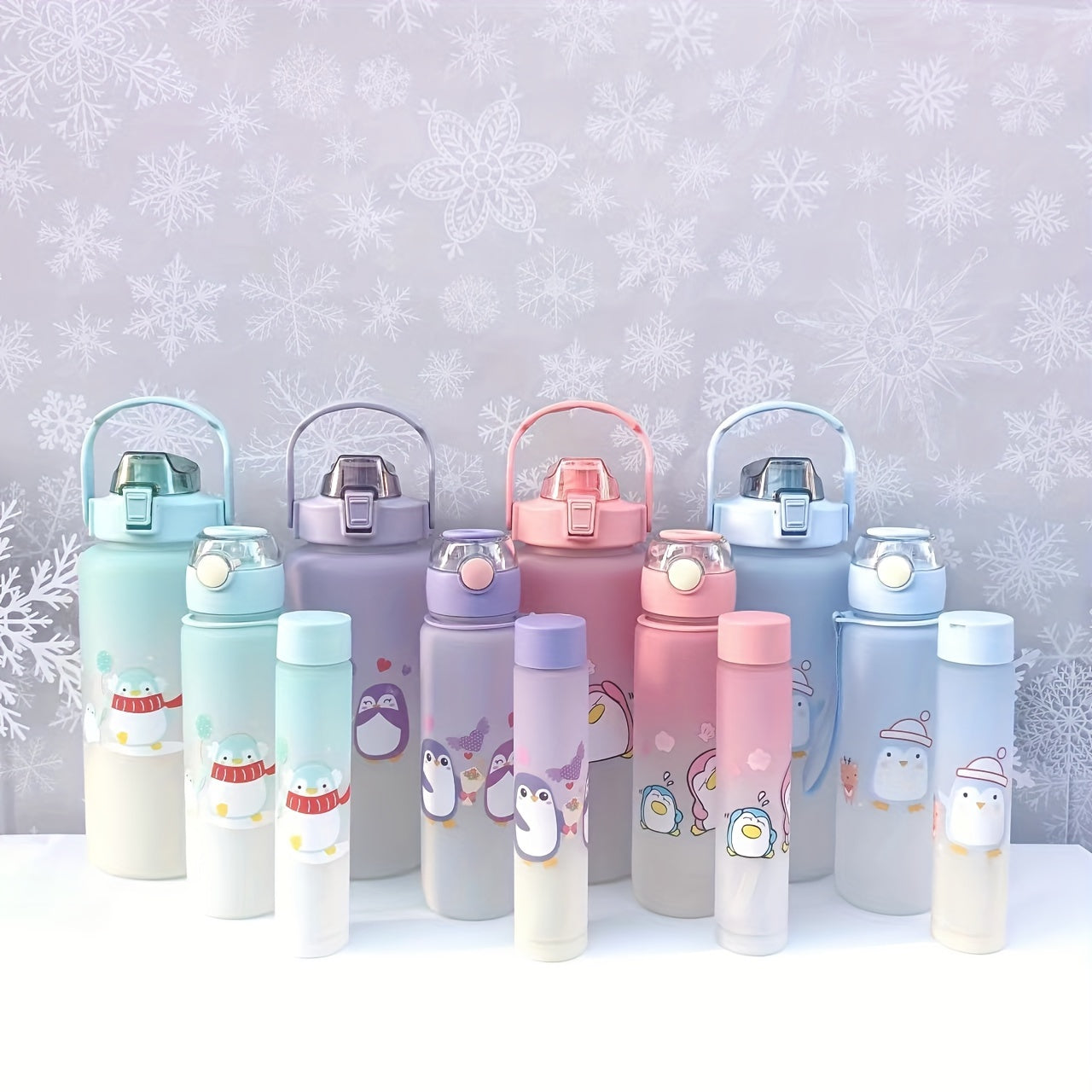 Cartoon cute sports water bottles in multiple sizes, ideal for gifts and use in various settings such as office, school, gym, and outdoor activities.