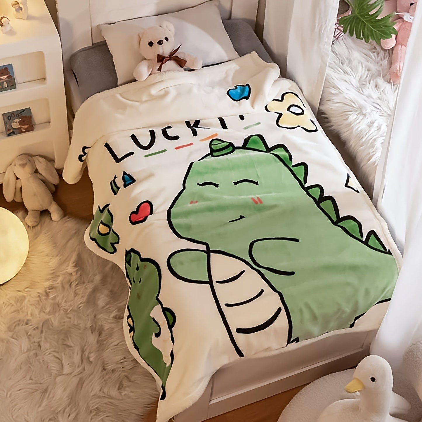 Soft and cuddly cartoon animal plush blanket for young children, great for naps and snuggles. Suitable for kids aged 0-3 years, perfect for strollers and beds. Made of cozy flannel material.