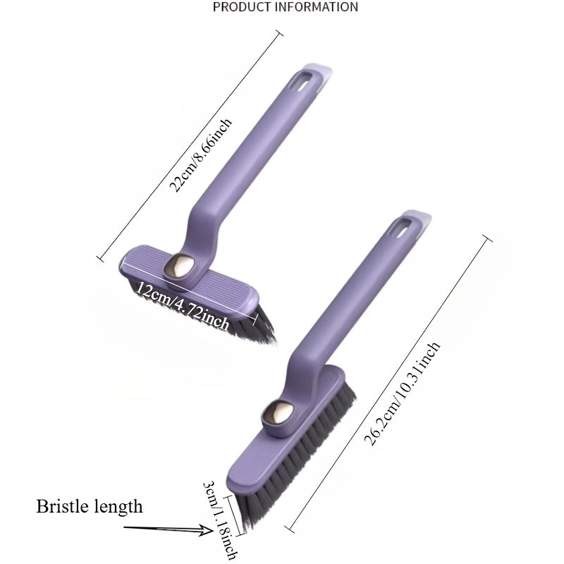 Versatile cleaning brush with rotating head for deep scrubbing in tight spaces - ideal for grout, bathrooms, kitchens, and living rooms. Features extended bristles, 3-in-1 V-shaped gap brush, no electricity required, made of durable plastic. Perfect for