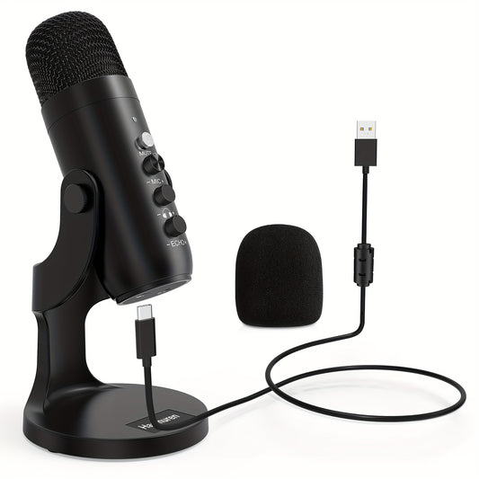 USB condenser microphone with volume and gain control, clear sound for podcasting, gaming, and streaming. Compatible with PS4/5, Mac, and Windows. Includes cable, windscreen, stand, and