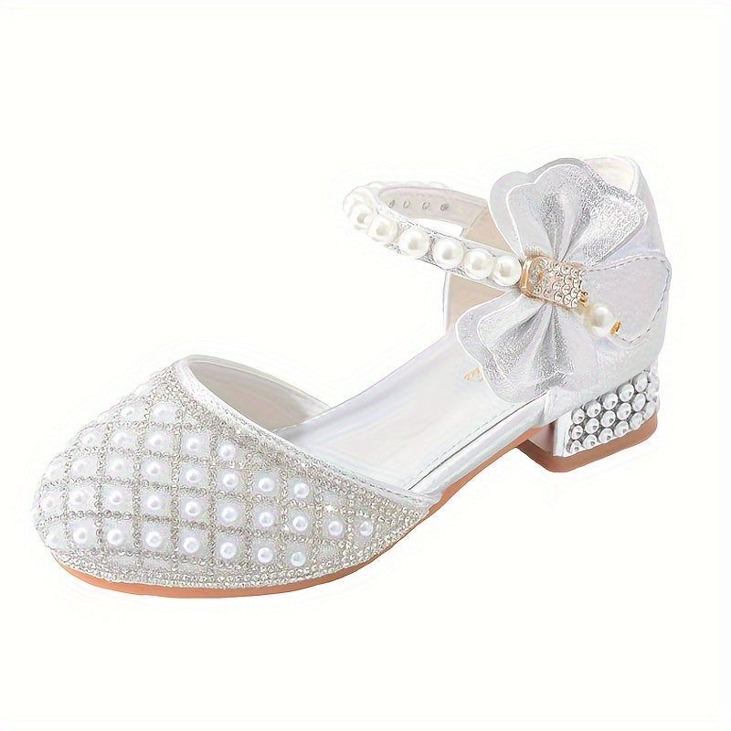 Glitter princess shoes for girls with rhinestones, pearl bow, block heel, non-slip sole and insole. Ideal for school, dance, wedding, and party. Spring/Fall collection for ages 14 and under.